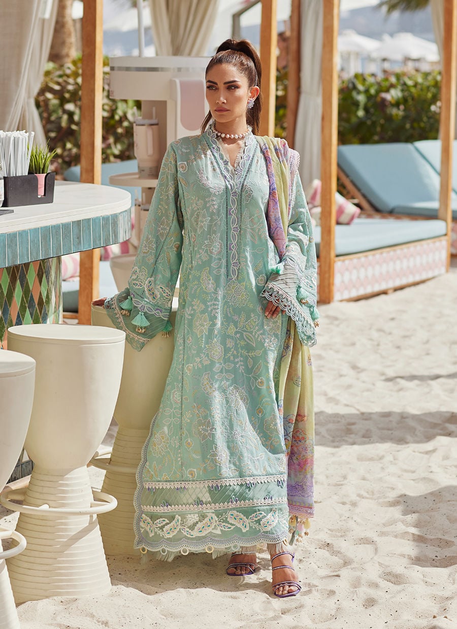 Wes by Farah Talib Embroidered Lawn Suits Unstitched 3 Piece FTA25WL FTA-07 Alice Aqua - Luxury Collection