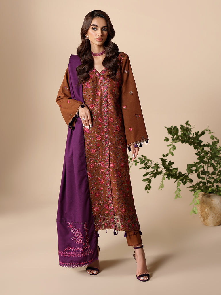 RajBari - Nissa Embroidered Karandi Wool Shawl Unstitched 3 Piece RB25N D-09- Winter Collection