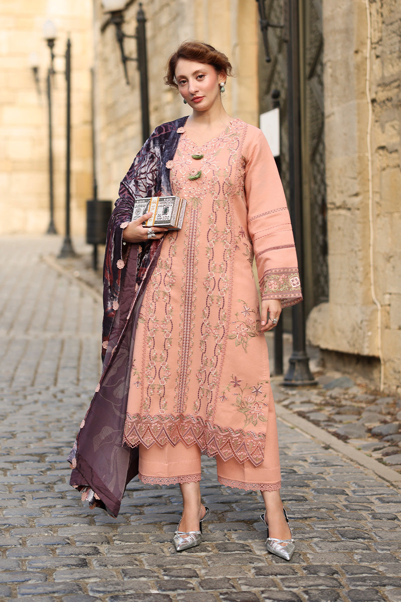 Rang Rasiya Embroidered Karandi Suit With Velvel Plush Shawl Unstitched 3 Piece D-03 Latte - Winter Collection