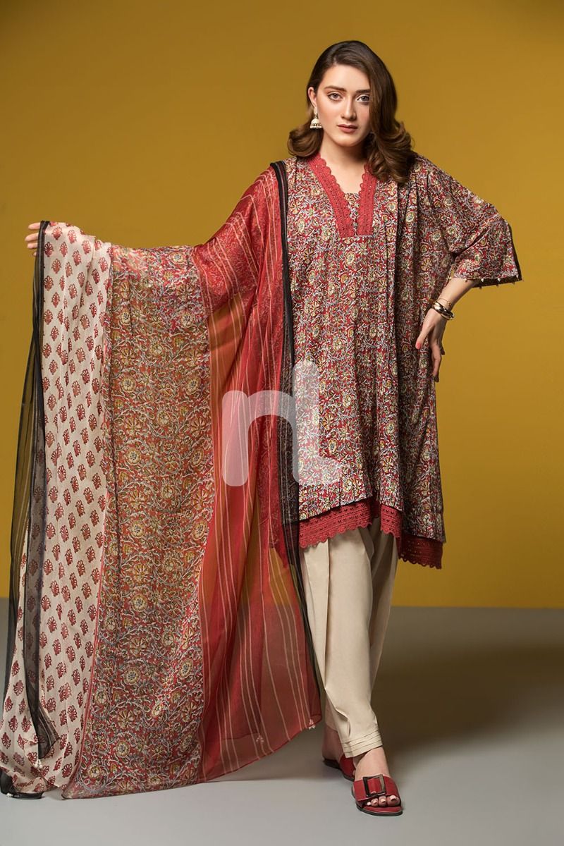 41906067-Lawn & Viscose Krinckle Chiffon– Red Printed 2PC
