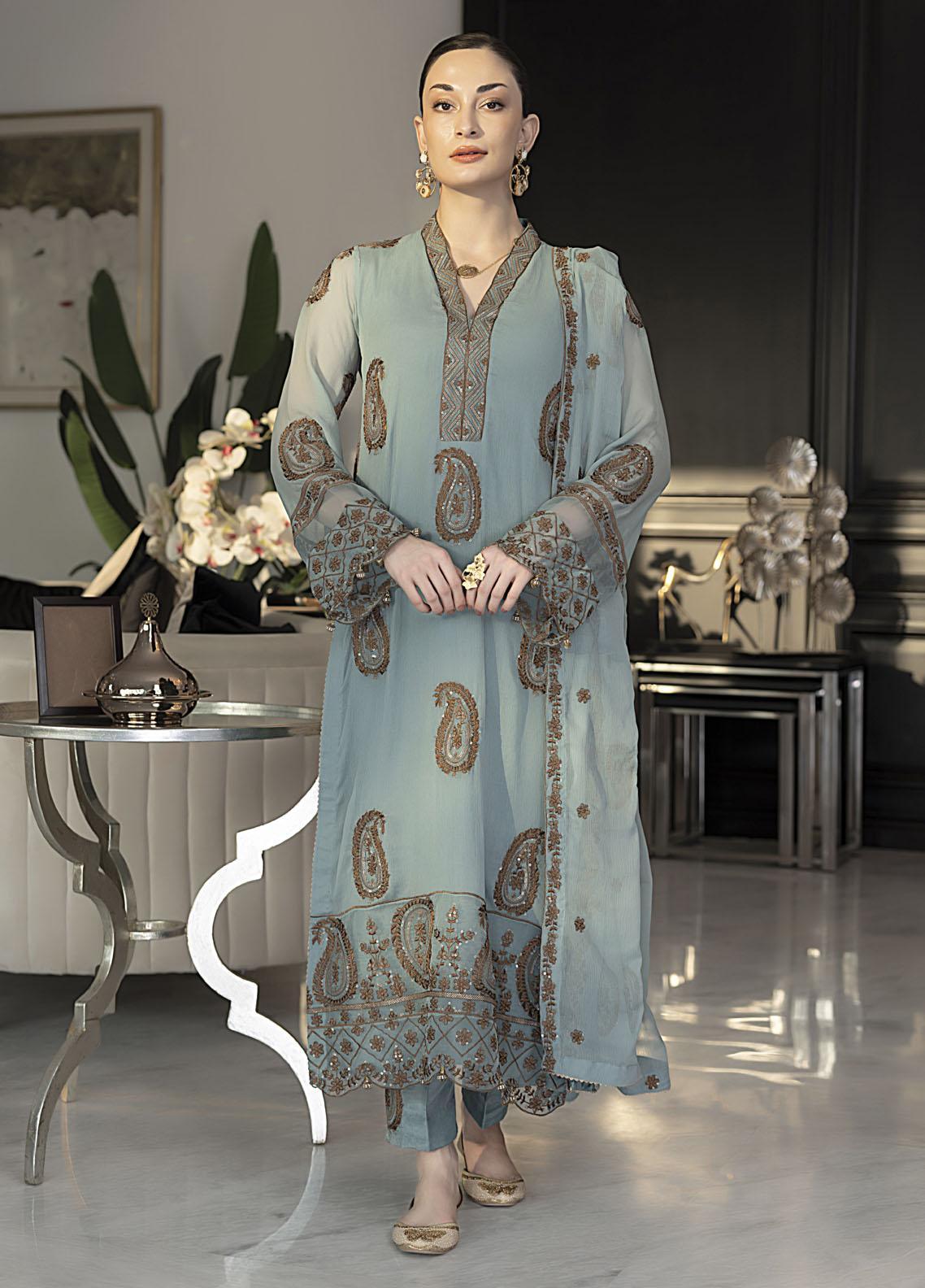 Merakish By Shahzeb Textiles Embroidered Chiffon Suits Unstitched 3 Piece ST24MK-V10 Wild Blue
