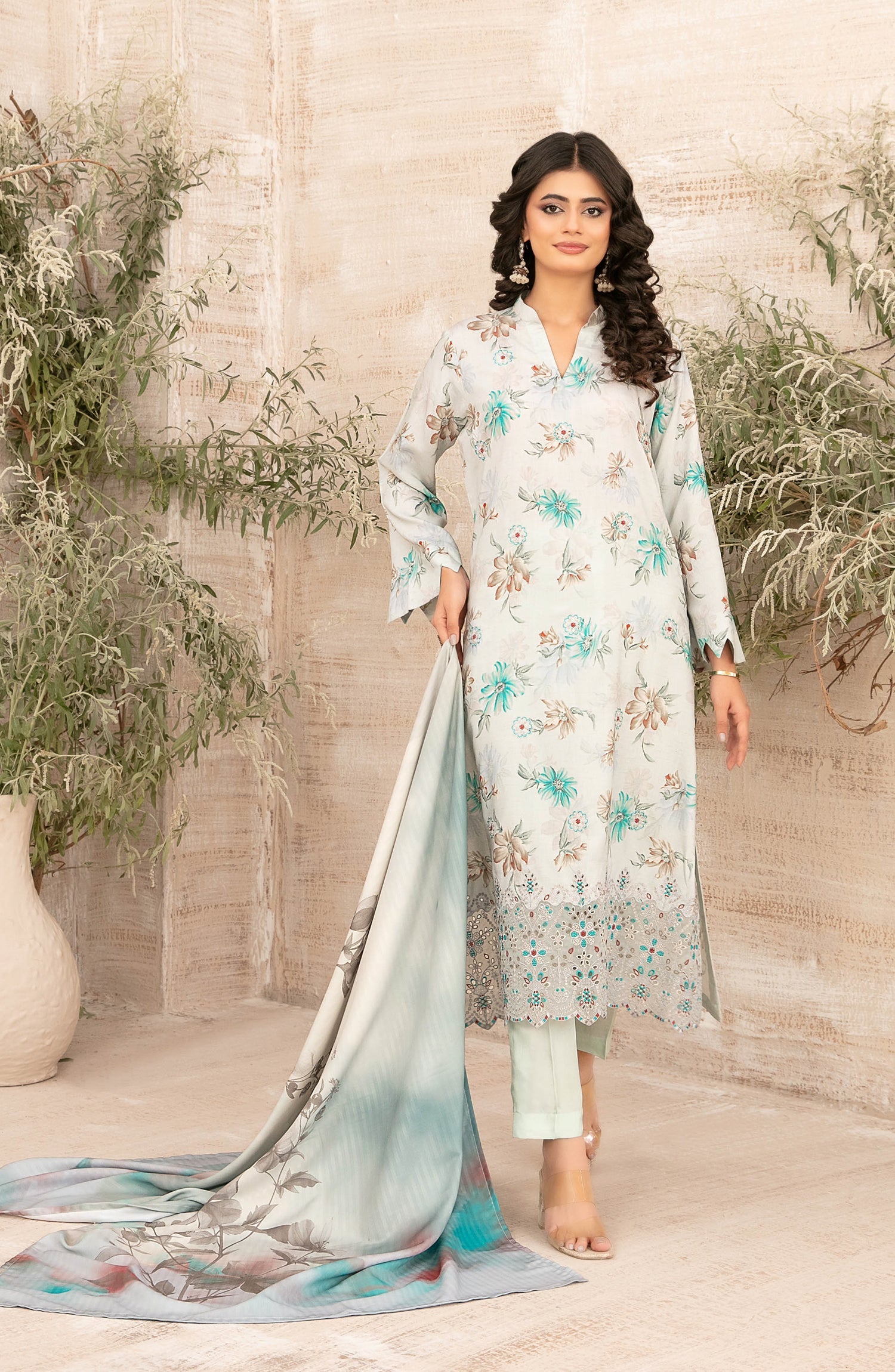 Tawakkal Fabrics Embroidered Zari Viscose Unstitched 3 Piece Suit - D-4884 - TF25SHAM - Grey & Blue - Winter Collection