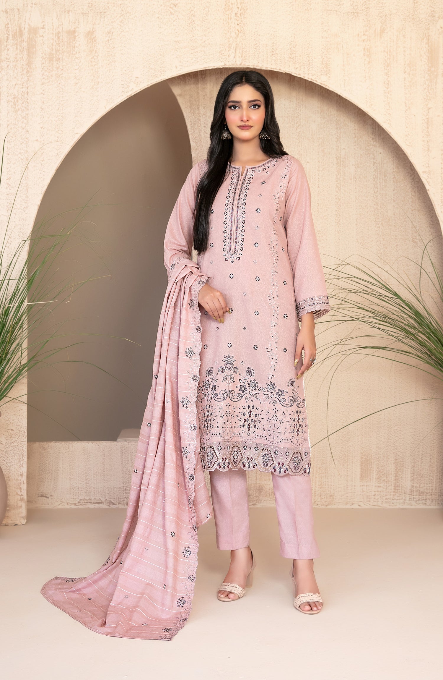 Tawakkal Fabrics Embroidered Karandi Suits Unstitched 3 Piece (Embroidered Fancy Shawl Dupatta) - D-4475 - Tareef