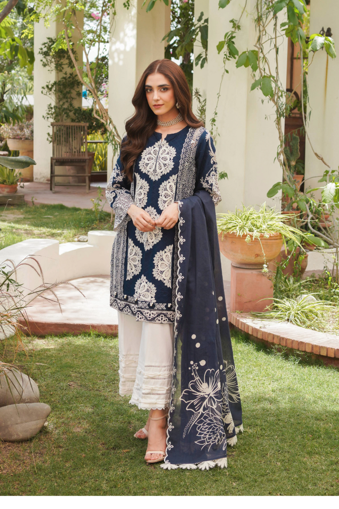 Manara Luxury Embroidered Lawn Suits Unstitched 3 Piece MNR25-Sapphire - Summer Collection