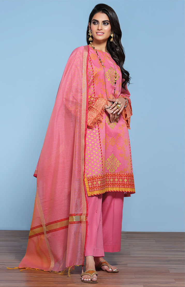 42001359-Gold Printed Super Fine Lawn & Yarn Dyed-3PC