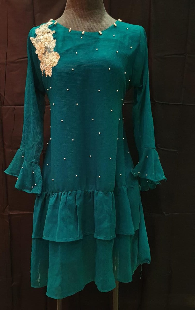 Stitched Pure Chiffon Embroidered Kurti - 03 Bottle Green (Size-Large)