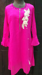 Stitched Pure Chiffon Embroidered Kurti - 05 Shocking Pink (Size-Large)