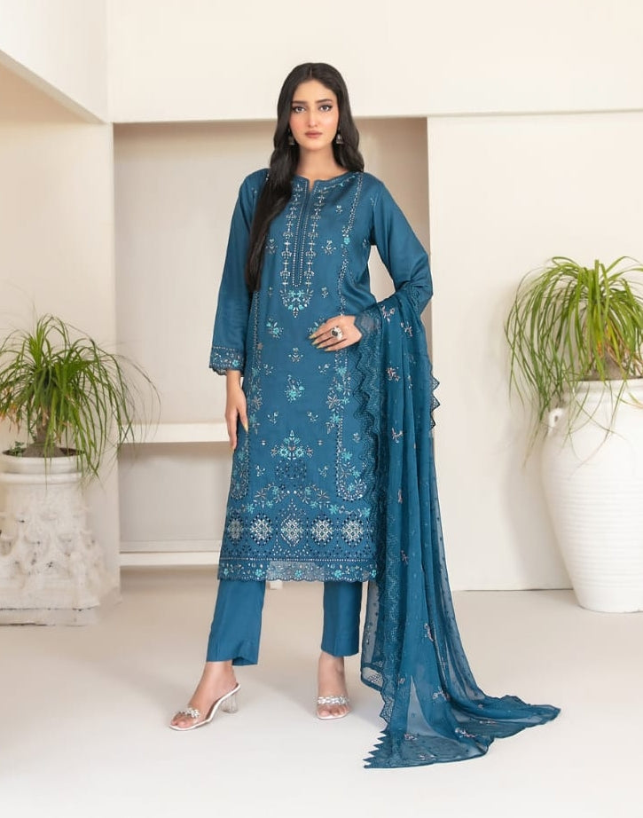 Tawakkal Fabrics Embroidered Viscose Zari Suits Unstitched 3 Piece (Embroidered Schiffli Chiffon Dupatta) - D-4394 - Najwa