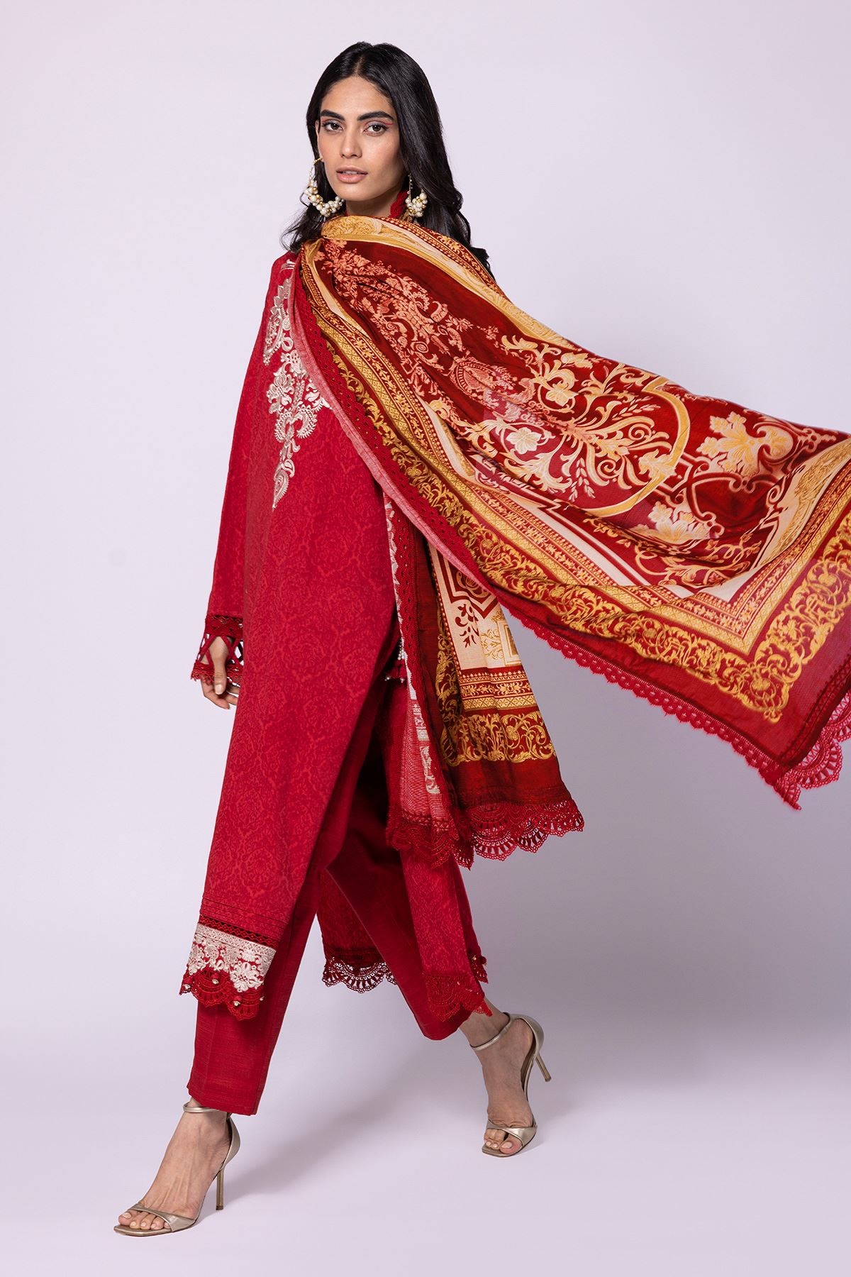 Khaadi Dyed Embroidered Cotton Satin Jacquard | Top Bottoms Dupatta - BJ22404-RED