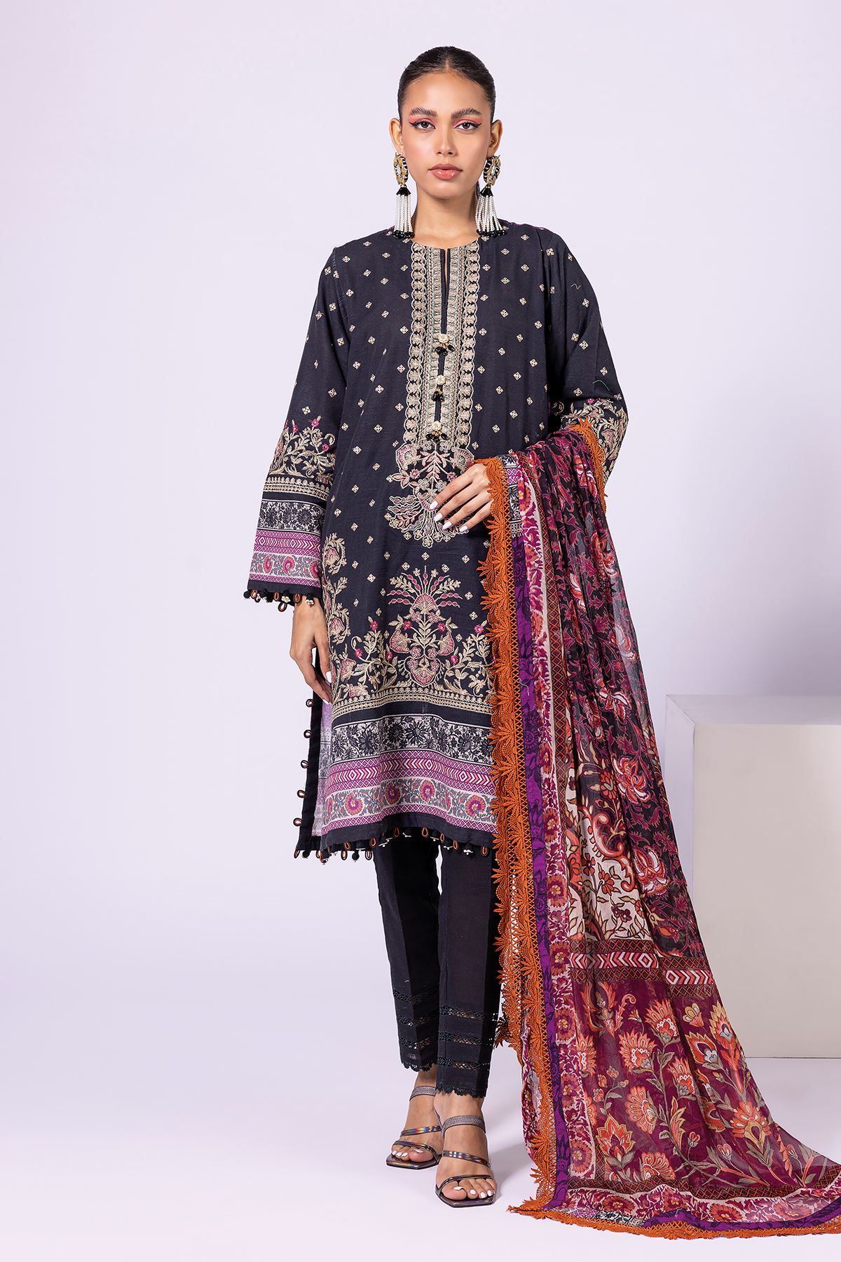 Khaadi Printed Embroidered Khaddar | Top Bottoms Dupatta - BK22414-BLACK