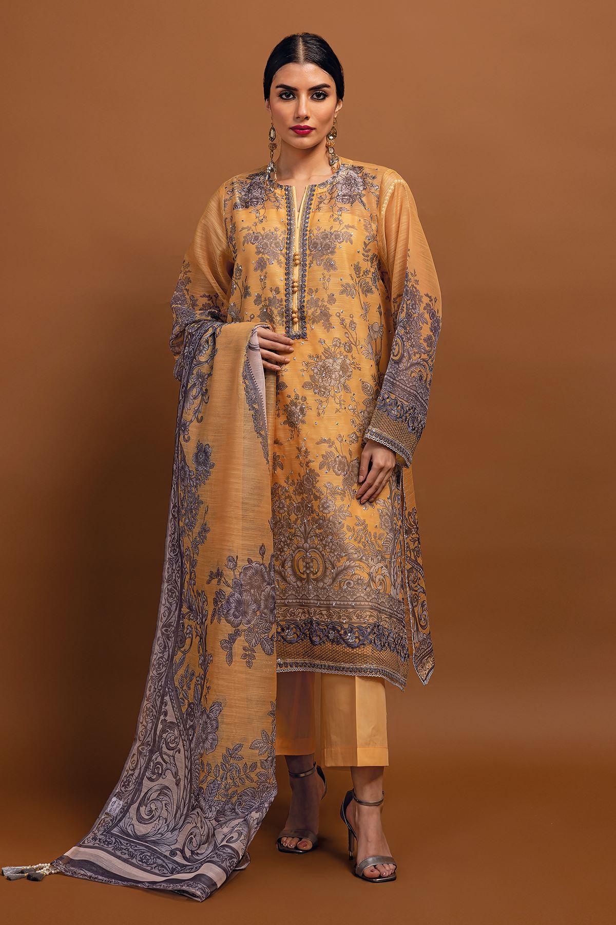Khaadi Dyed Embroidered Signature Printed Embroidered Top Bottoms Dupatta - BP023101-Yellow