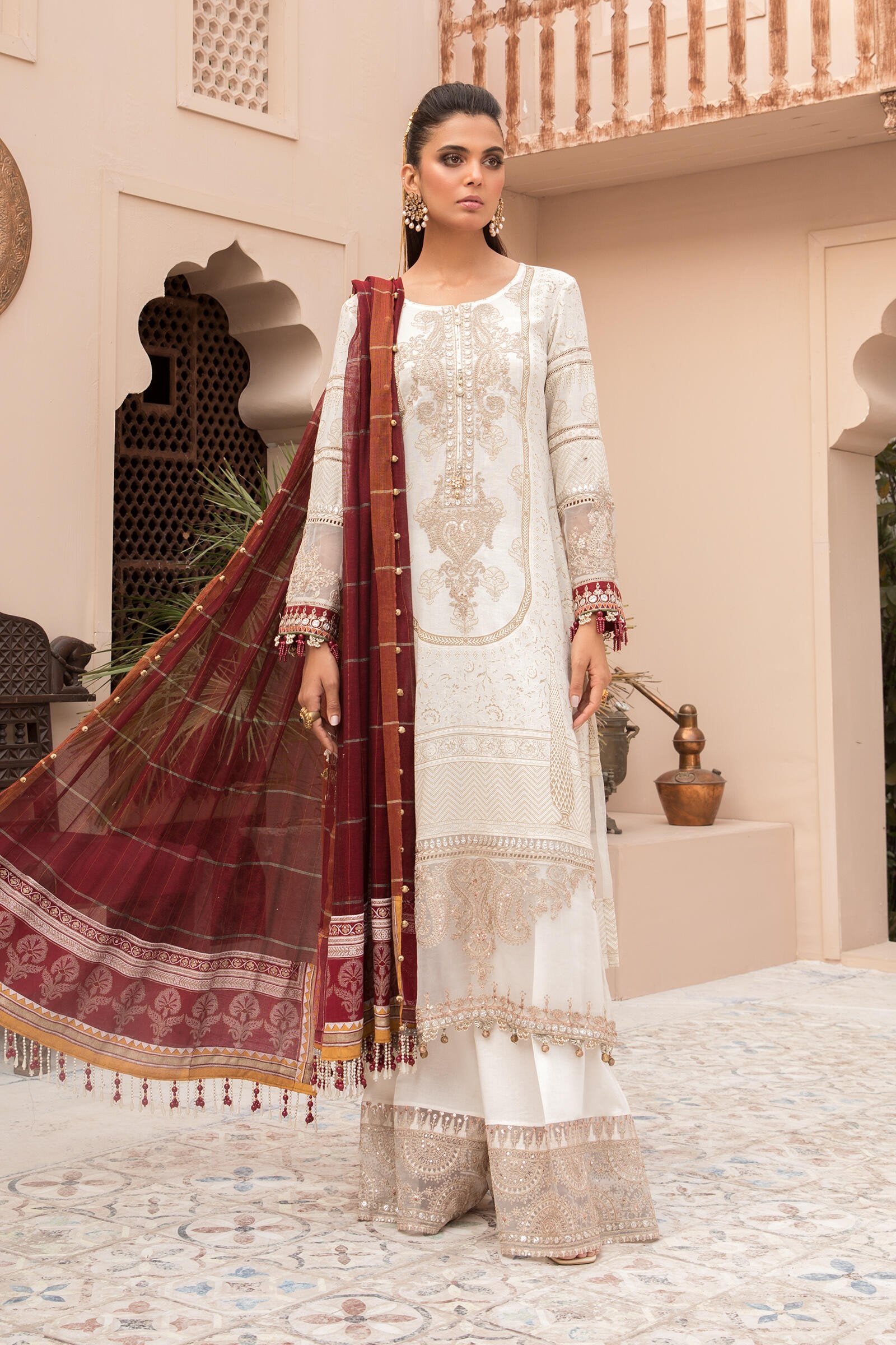 Maria.B Luxury Lawn Embroidered - 01 (White & Maroon)