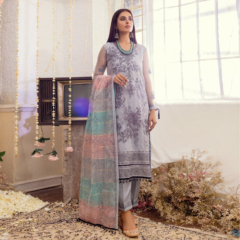 Merakish By Shahzeb Textiles Embroidered Organza Suits Unstitched 3 Piece ST24MK-V1 Gray