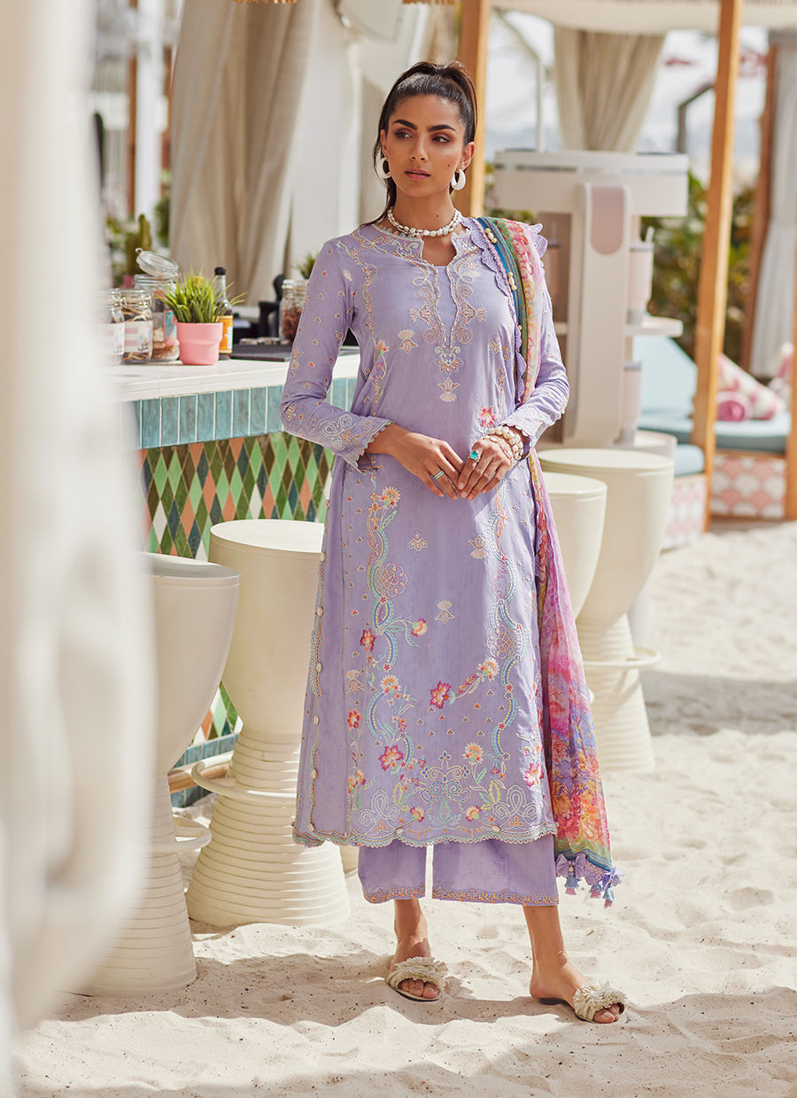 Wes by Farah Talib Embroidered Lawn Suits Unstitched 3 Piece FTA25WL FTA-09 Lilliana Lavender - Luxury Collection