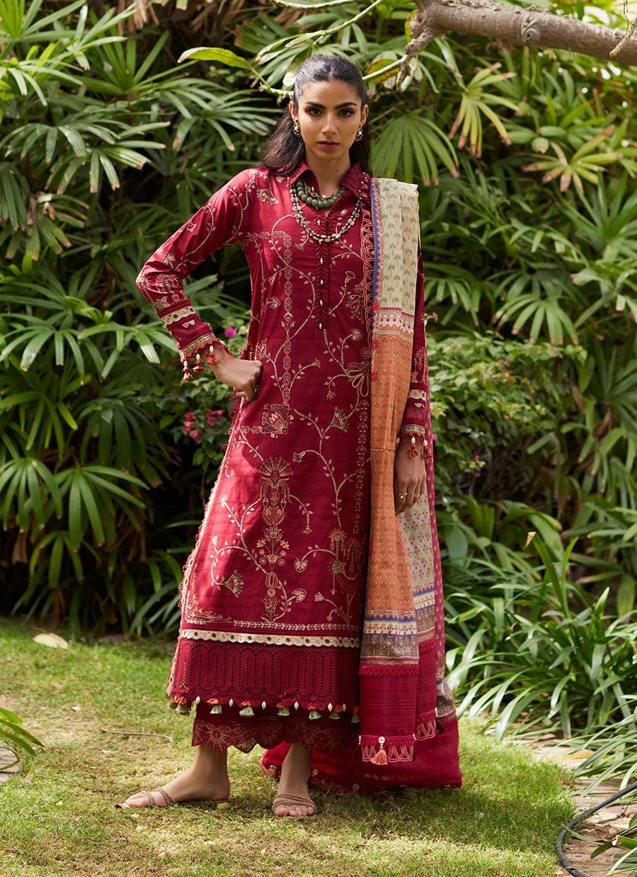 Wes by Farah Talib Embroidered Lawn Suits Unstitched 3 Piece FTA25WL FTA-10 Rosemary Red - Luxury Collection