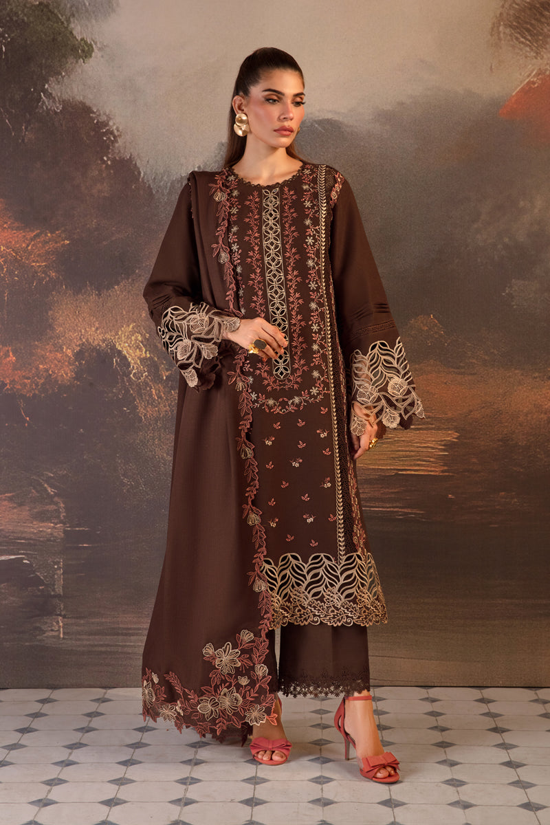 Rang Rasiya Premium Embroidered Khaddar Suit Unstitched 3 Piece D-07 Hot Chocolate - Winter Collection
