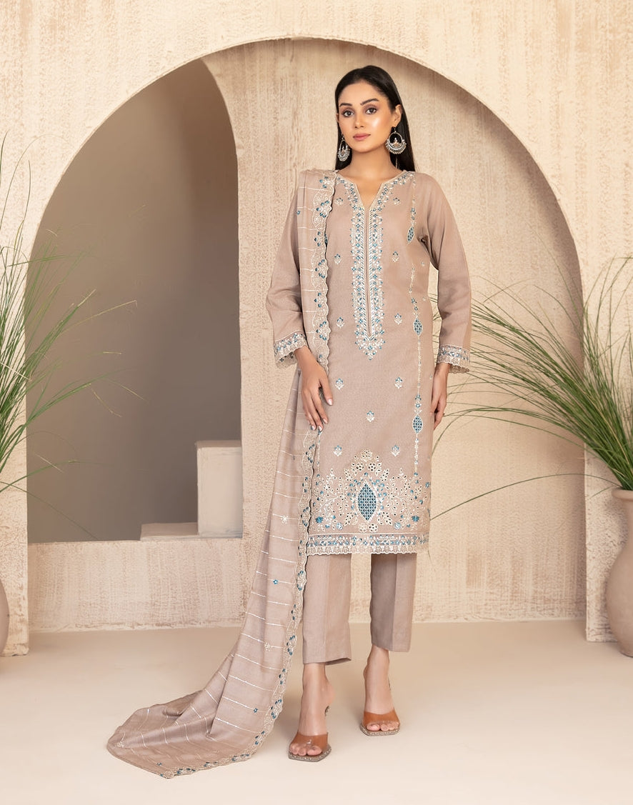 Tawakkal Fabrics Embroidered Karandi Suits Unstitched 3 Piece (Embroidered Fancy Shawl Dupatta) - D-4472 - Tareef
