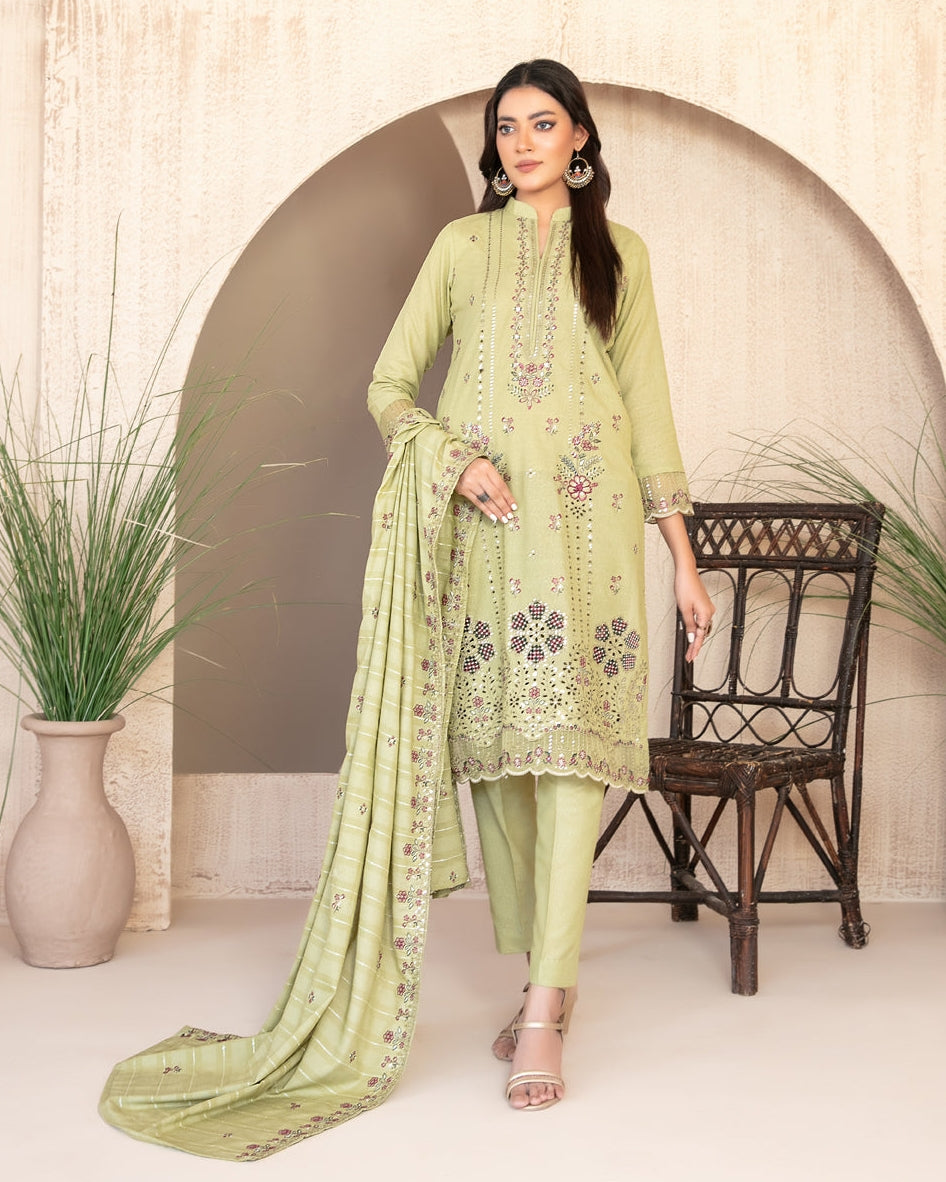 Tawakkal Fabrics Embroidered Karandi Suits Unstitched 3 Piece (Embroidered Fancy Shawl Dupatta) - D-4474 - Tareef