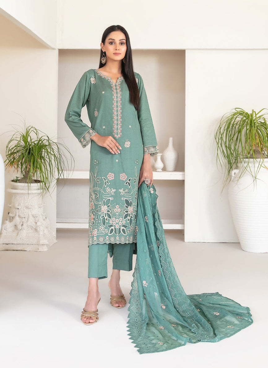 Tawakkal Fabrics Embroidered Viscose Zari Suits Unstitched 3 Piece (Embroidered Schiffli Chiffon Dupatta) - D-4392 - Najwa
