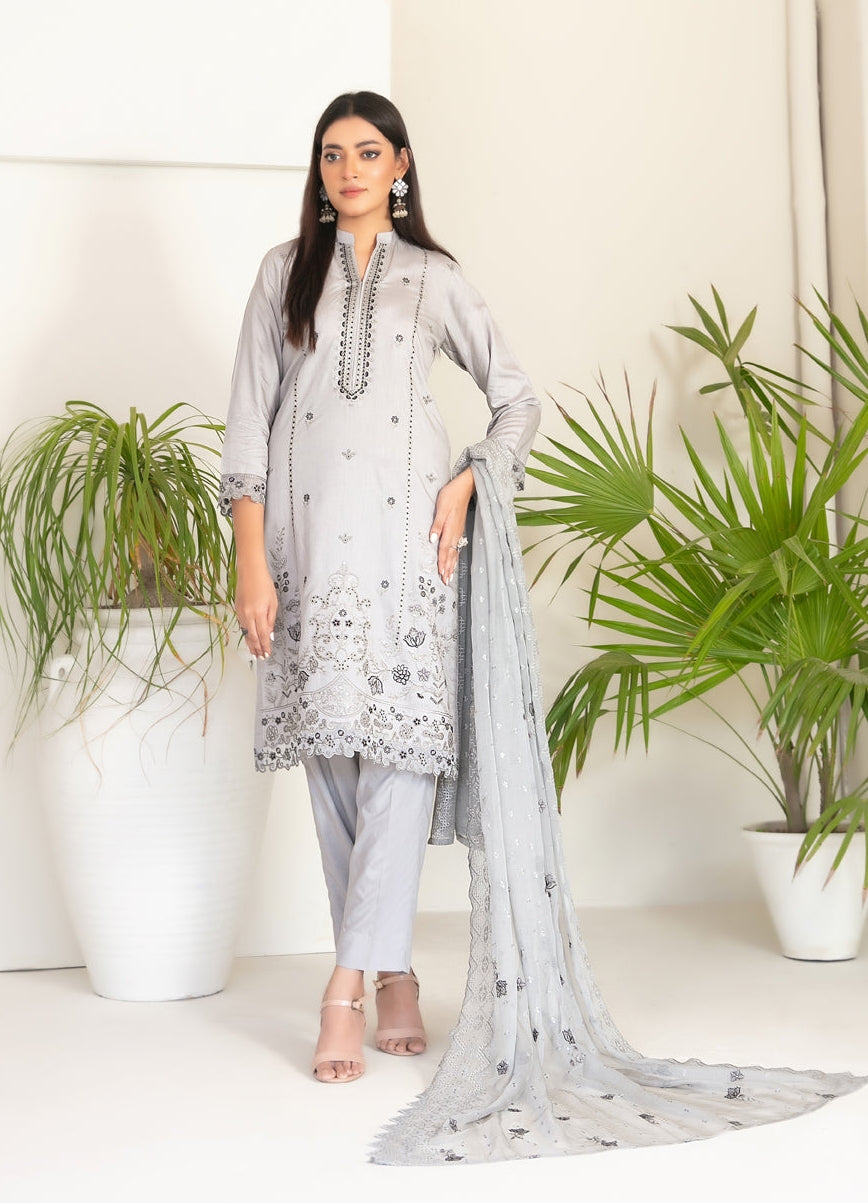 Tawakkal Fabrics Embroidered Viscose Zari Suits Unstitched 3 Piece (Embroidered Schiffli Chiffon Dupatta) - D-4391 - Najwa
