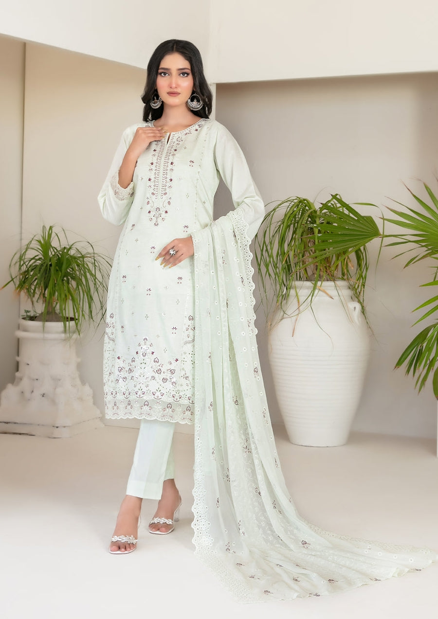 Tawakkal Fabrics Embroidered Viscose Zari Suits Unstitched 3 Piece (Embroidered Schiffli Chiffon Dupatta) - D-4388 - Najwa