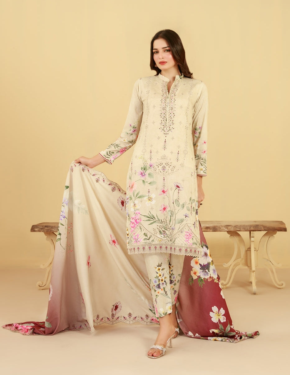 Tawakkal Fabrics Embroidered Staple Digital Print Suits Unstitched 3 Piece (Cutwork Dupatta) - D-4426 - Farda