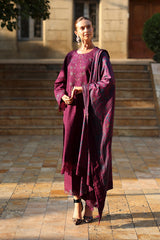 Rang Rasiya Embroidered Linen Suit With Herringbone Shawl Unstitched 3 Piece D-11 Espresso - Winter Collection