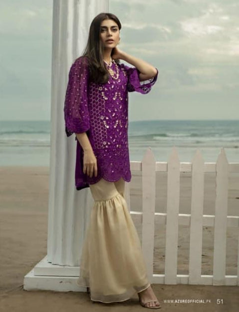 Azure Embroidered Luxury Formals Unstitched Embroidered Chiffon Kurti - Rustic Bella-12