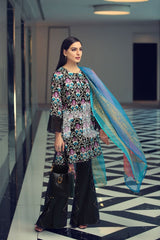 N41907034–Lawn &amp; Viscose Net - Black Printed Embroidered 3PC