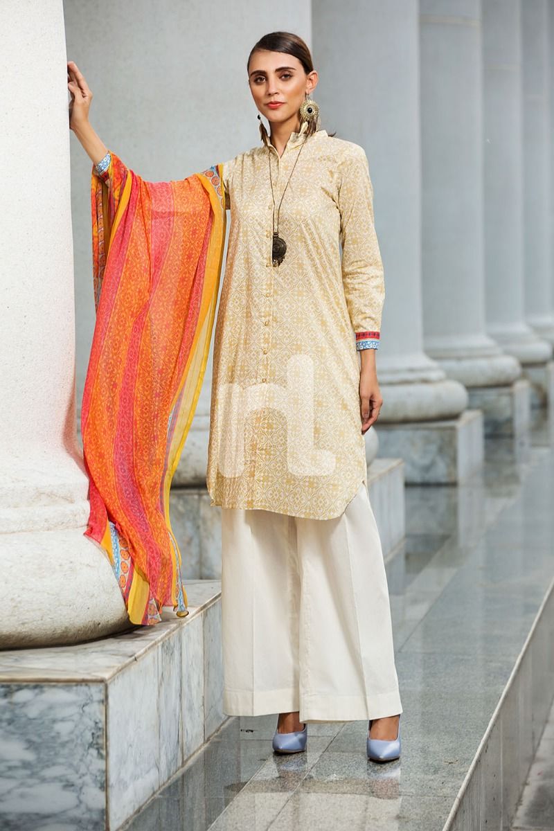 41907219-Blended Crinkle Chiffon &amp; Slub Lawn – Off White Printed 2PC