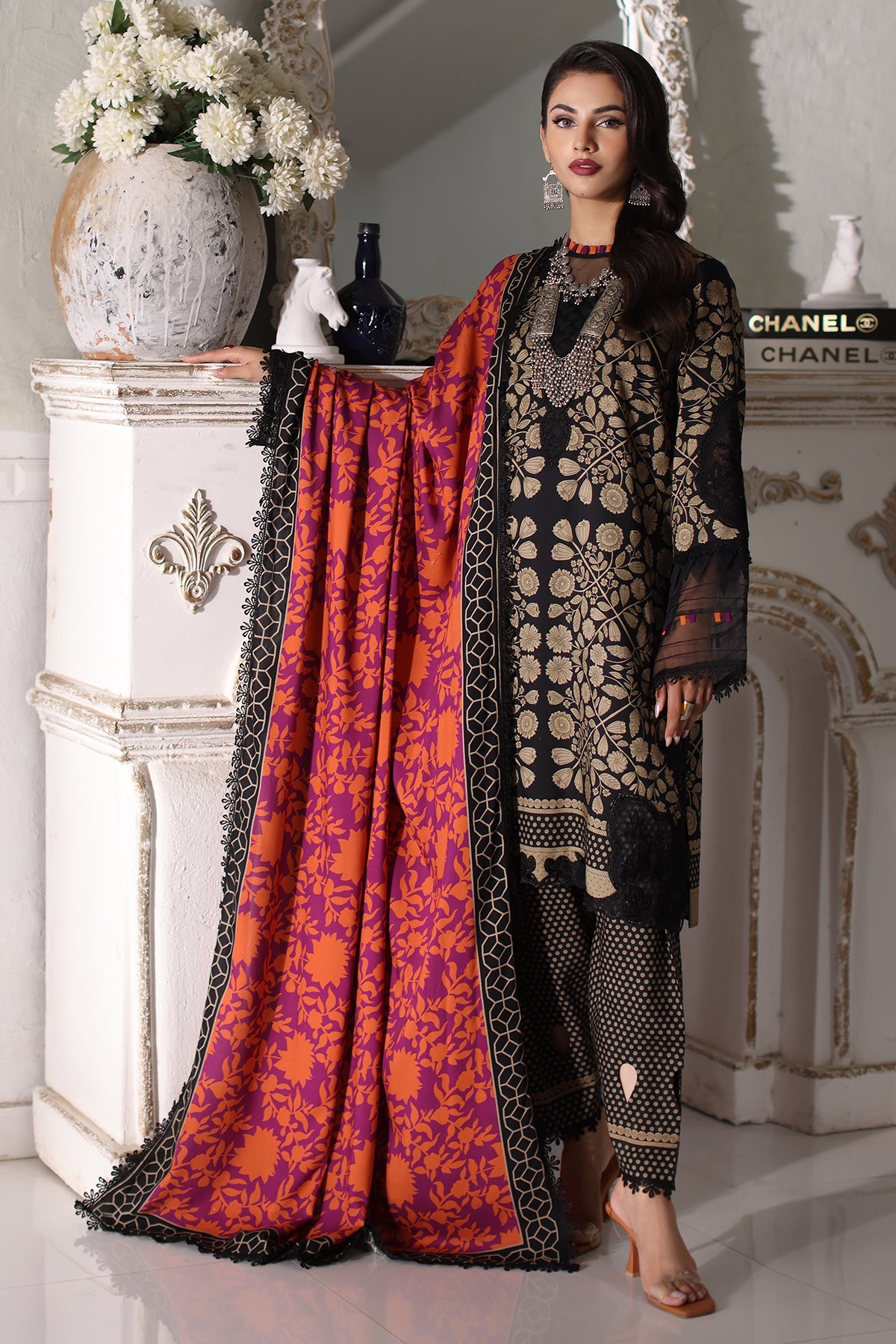 Charizma Combination Embroidered Linen Suits With Shawl - CCW4-13