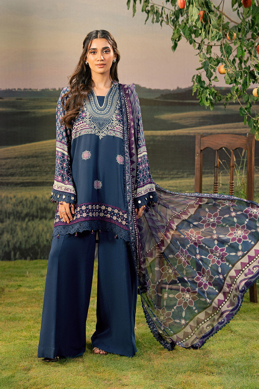 M Basic by Maria B Embroidered Arabic Lawn Suits Unstitched 3 Piece MB25PF MB-09 B - Summer Collection