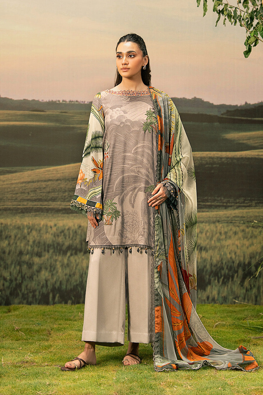M Basic by Maria B Embroidered Arabic Lawn Suits Unstitched 3 Piece MB25PF MB-06 B - Summer Collection