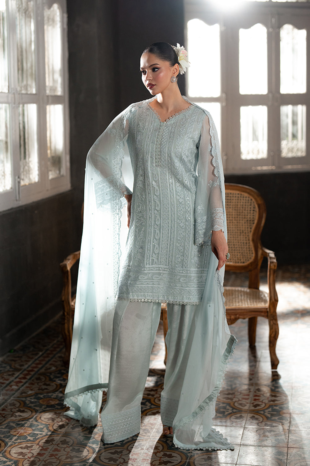 Ensembles by Azure Embroidered Chiffon Suits Unstitched 3 Piece AZU25EF Icy Mist ES-107 - Festive Collection