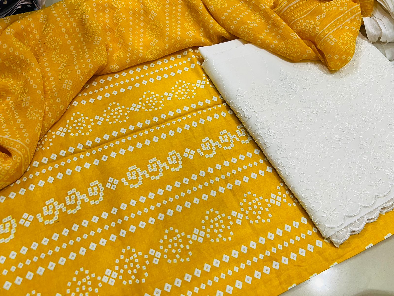 Chunri Print / Embroidered Trouser / Chiffon Dupatta-3PC- YELLOW