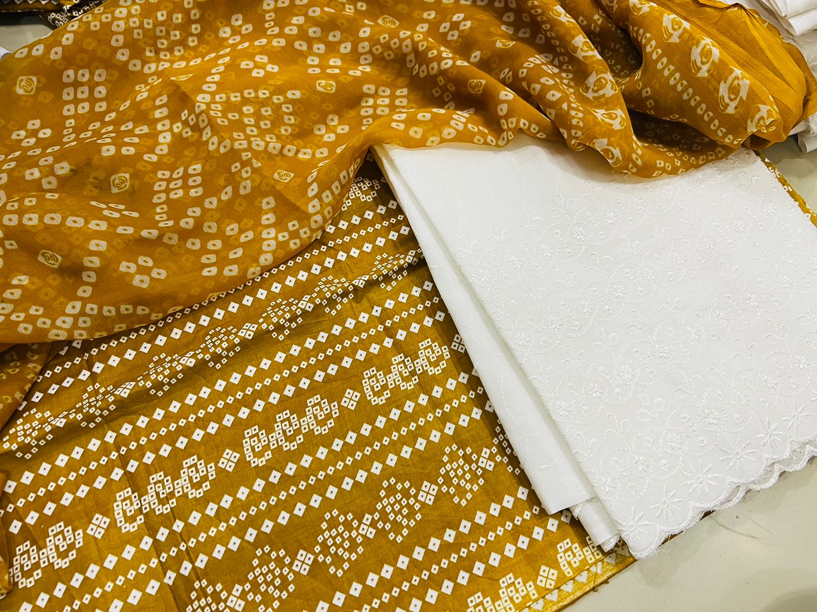 Chunri Print / Embroidered Trouser / Chiffon Dupatta-3PC- MUSTARD