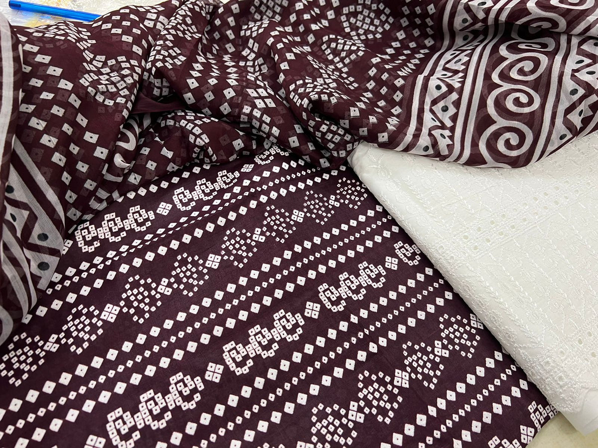Chunri Print / Embroidered Trouser / Chiffon Dupatta-3PC- BROWN
