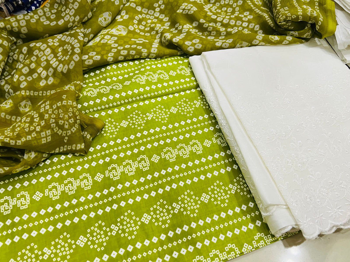 Chunri Print / Embroidered Trouser / Chiffon Dupatta-3PC- PARROT GREEN