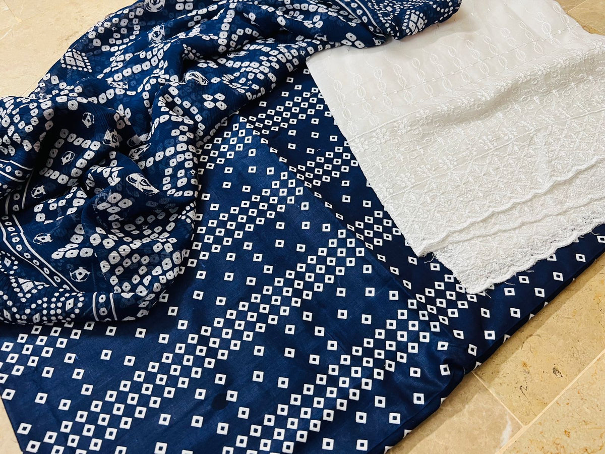 Chunri Print / Embroidered Trouser / Chiffon Dupatta-3PC- ROYAL BLUE