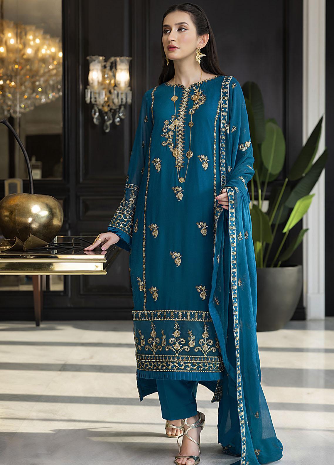 Merakish By Shahzeb Textiles Embroidered Chiffon Suits Unstitched 3 Piece ST24MK-V10 Indigo Blue