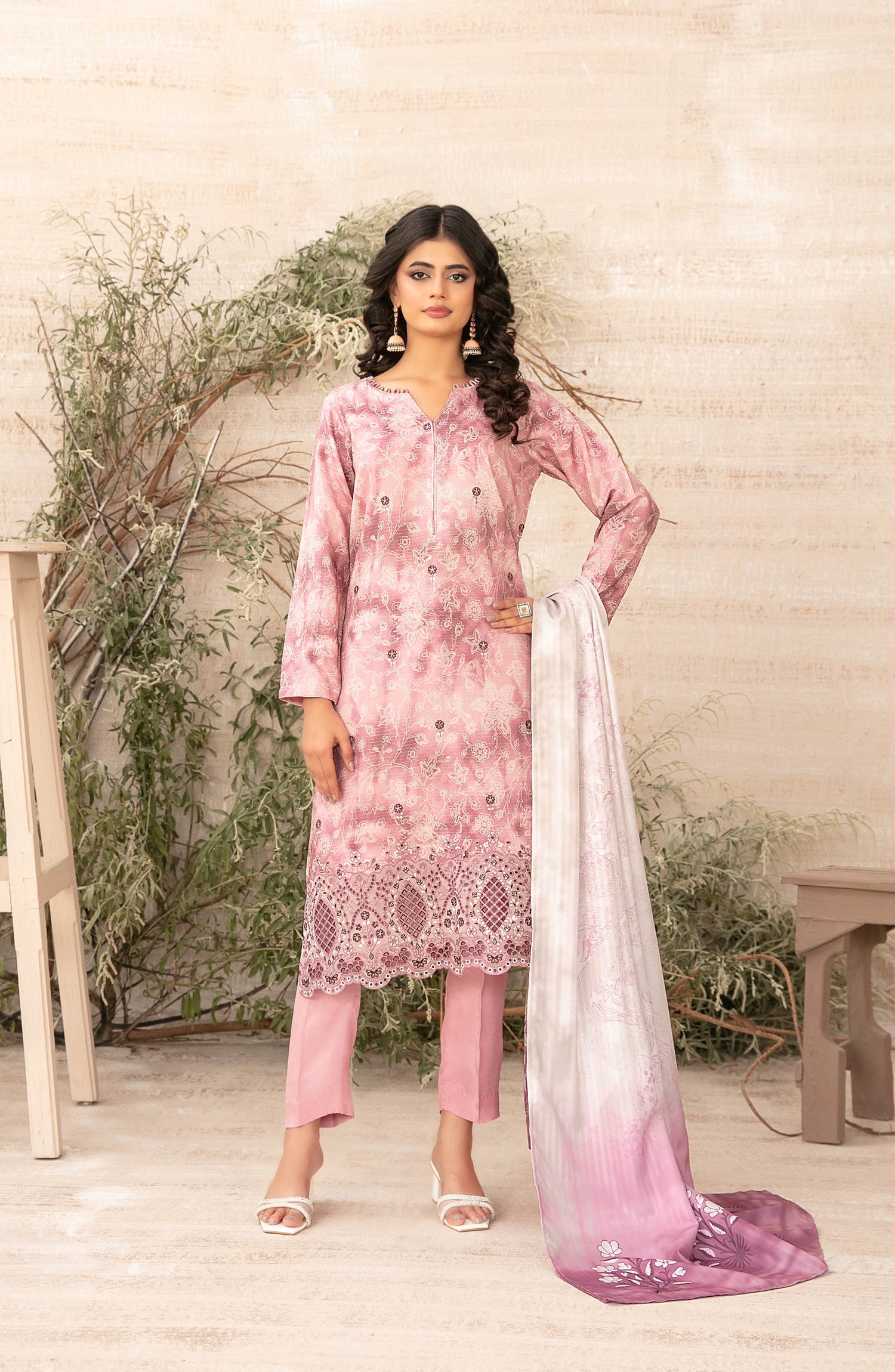 Tawakkal Fabrics Embroidered Zari Viscose Unstitched 3 Piece Suit - D-4877 - TF25SHAM - Pink - Winter Collection