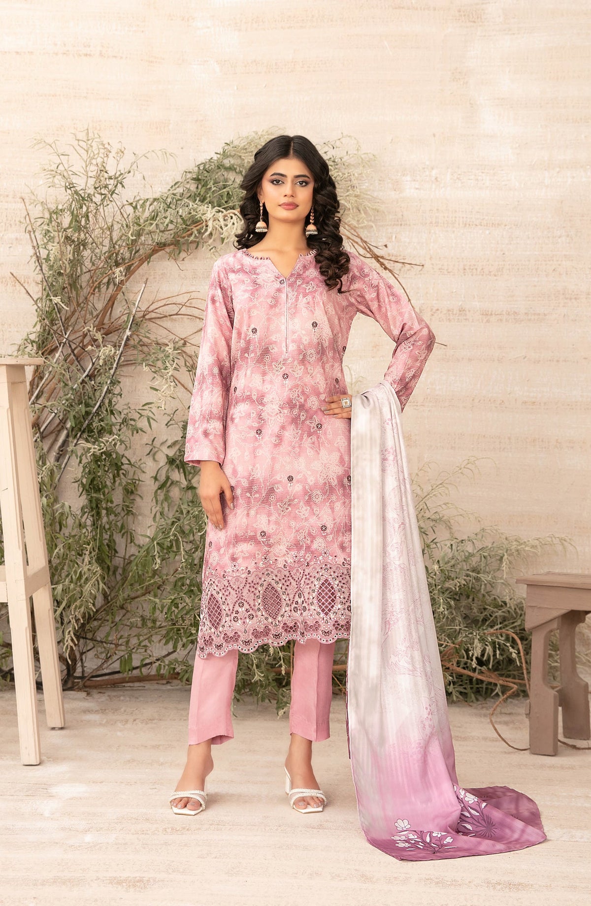 Tawakkal Fabrics Embroidered Zari Viscose Unstitched 3 Piece Suit - D-4877 - TF25SHAM - Pink - Winter Collection
