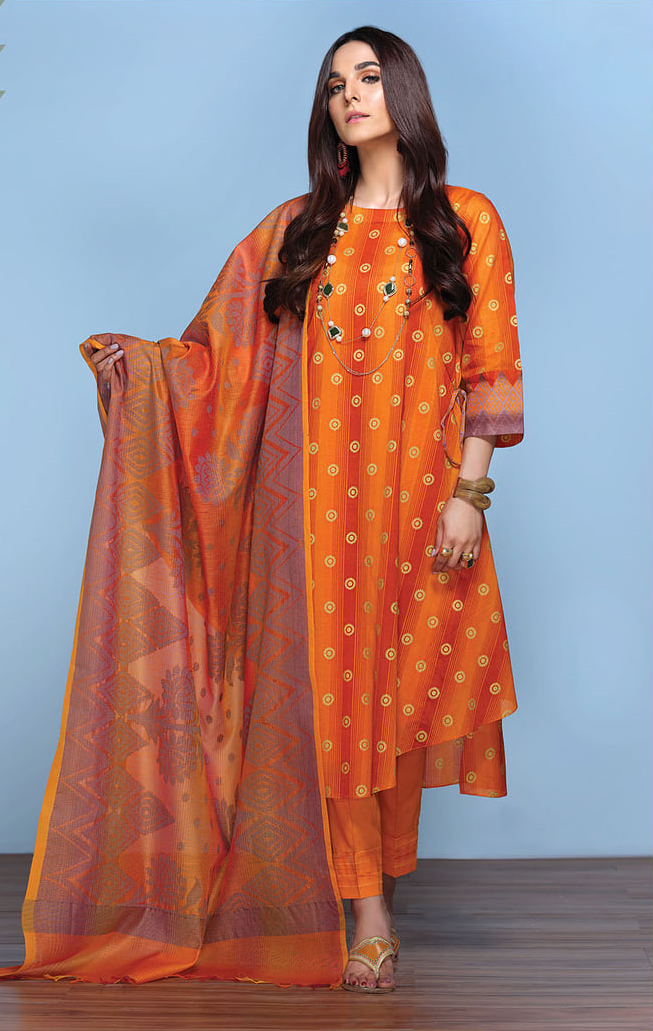 42001253-Gold Printed Super Fine Lawn, Jacquard &amp; Cambric-3PC