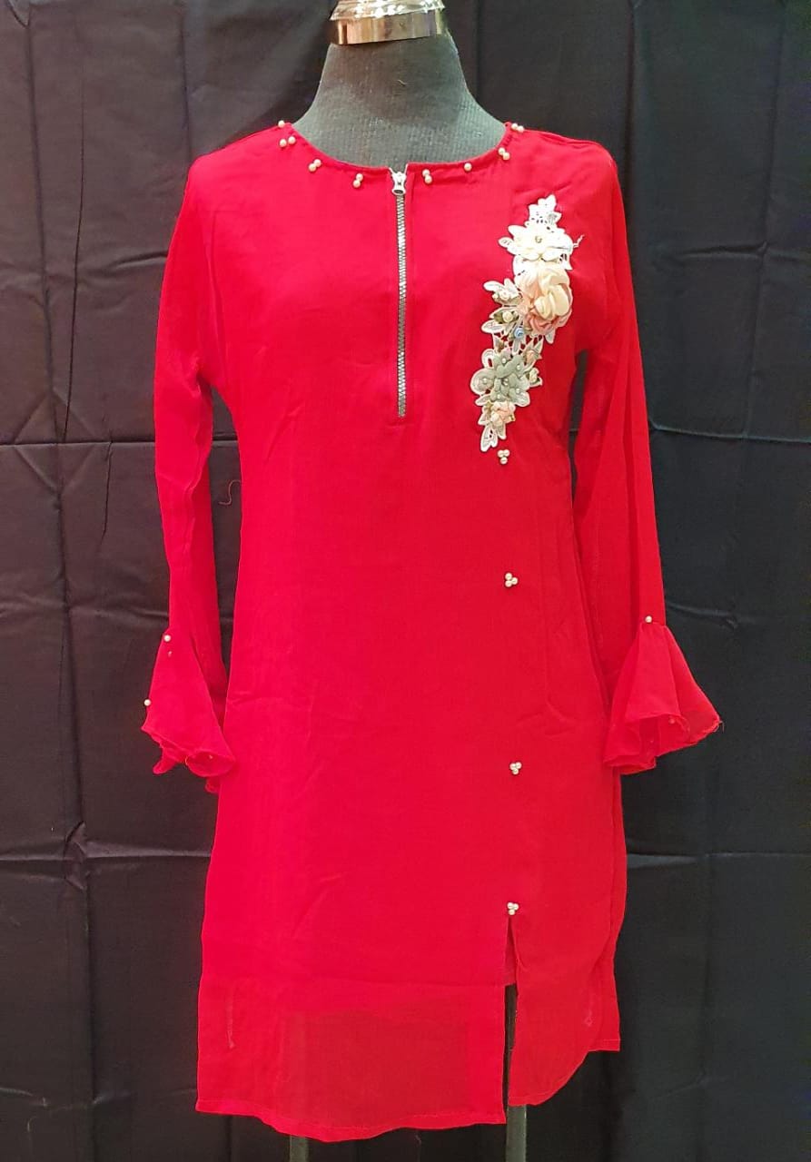 Stitched Pure Chiffon Embroidered Kurti - 01 Red (Size-Small)