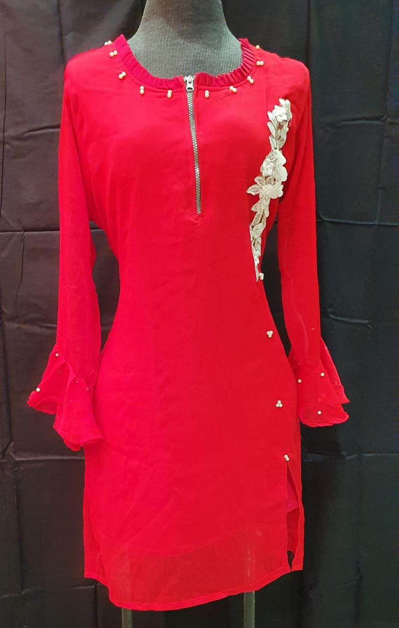 Stitched Pure Chiffon Embroidered Kurti - 02 Red (Size-Large)