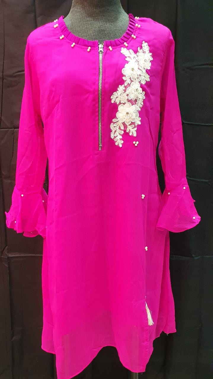 Stitched Pure Chiffon Embroidered Kurti - 05 Shocking Pink (Size-Large)