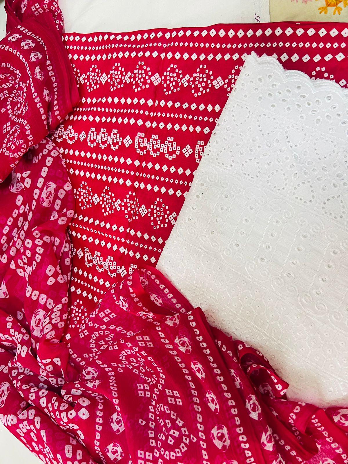 Chunri Print / Embroidered Trouser / Chiffon Dupatta-3PC- RED