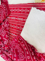 Chunri Print / Embroidered Trouser / Chiffon Dupatta-3PC- RED