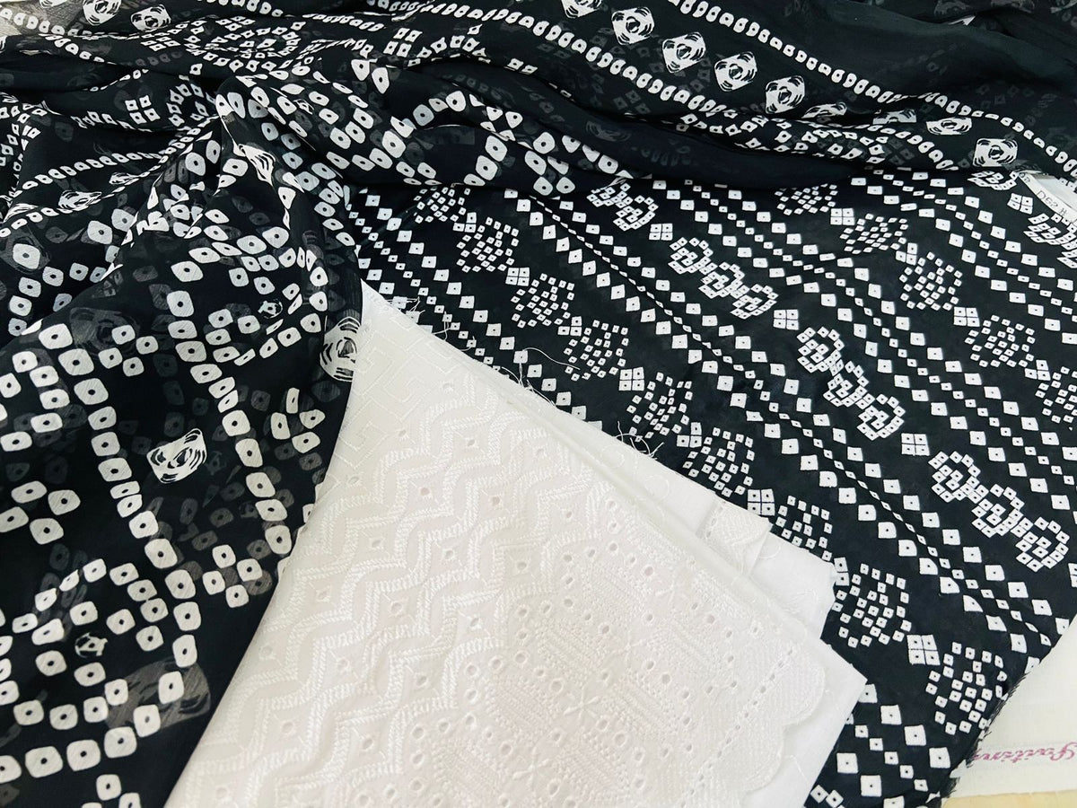 Chunri Print / Embroidered Trouser / Chiffon Dupatta-3PC- BLACK