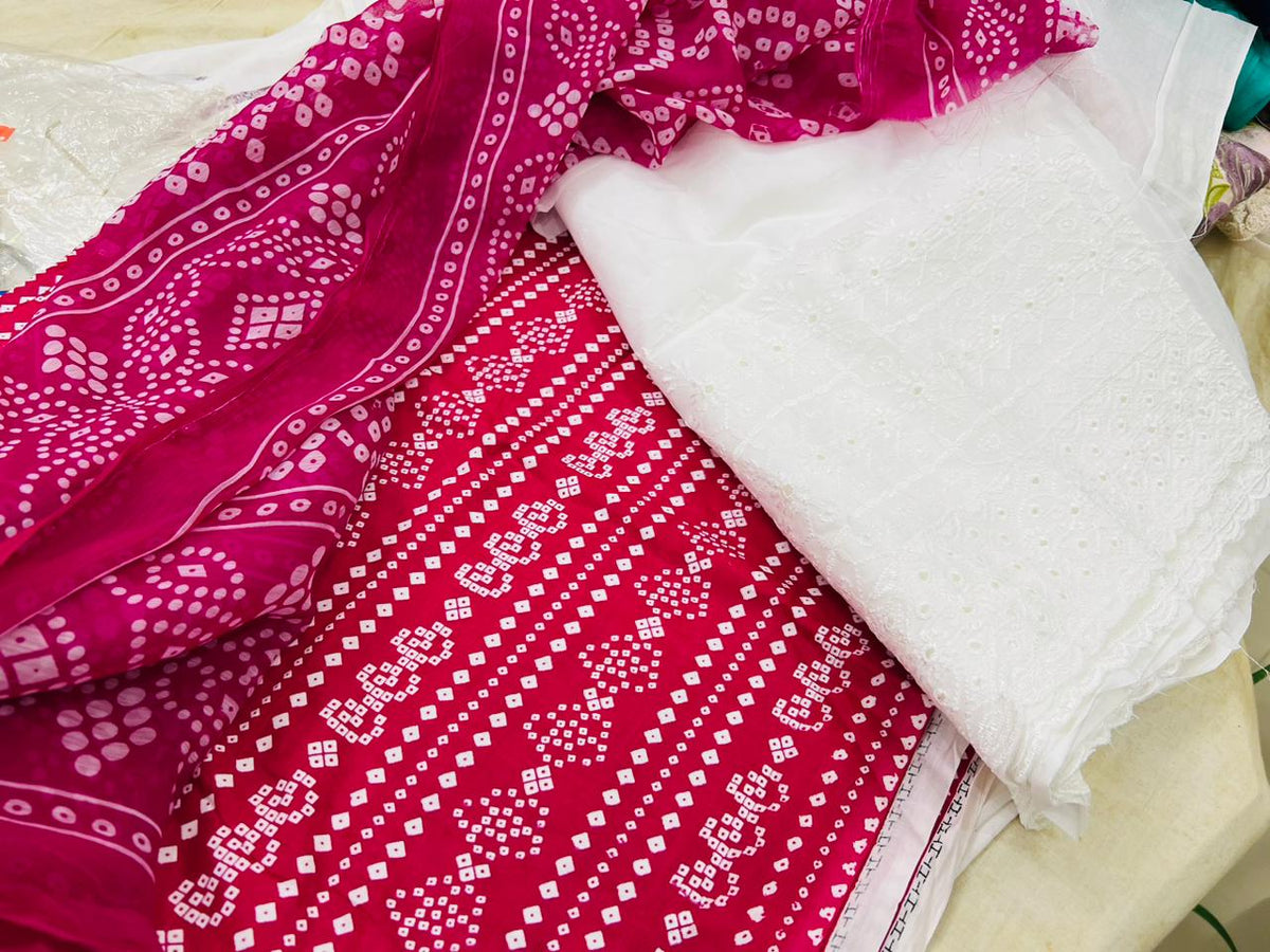 Chunri Print / Embroidered Trouser / Chiffon Dupatta-3PC- GHULABI